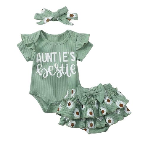 Aunties Bestie Baby Girl Clothes Aunt Saying Letter Romper Tiered Ruffle Daisy Skirt Skort Newborn Coming Home Outfit