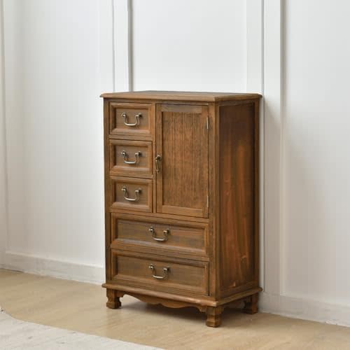 Wood 5 Drawers Dresser with Handles, Retro Chest of Drawers Floor Storage Cabinet with Drawers Standing Dressers Organizer Coffee Color for Living Room Entryway