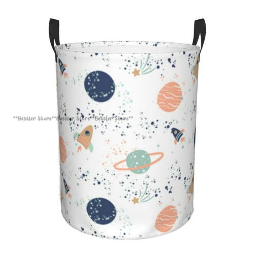 Laundry Basket Spaceships And Planets Pattern Round Storage Bin Collapsible Hamper Clothes Bucket Organizer