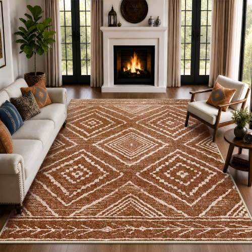 NewBuros 8'x10' Area Rug for Living Room, Machine Washable Non-Slip Rug, Soft Low Pile Stain Resistant Vintage Western Indoor Rug for Bedroom Dining Room, Yellowbrown