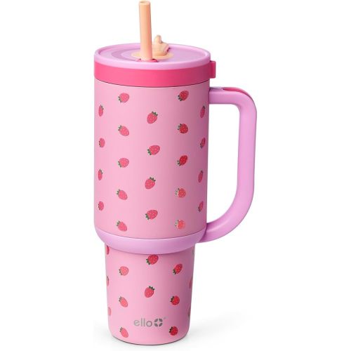 Ello Oasis 40oz Tumbler with Handle & Retracting Straw | Reusable Insulated Stainless Steel Cup 100% Leakproof | Gifts for Teens Women | Keeps Cold for 24 Hours | Cup Holder Friendly | Strawberries