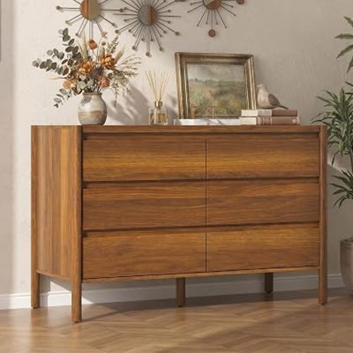 ECACAD 47.2" W 6-Drawer Dresser with Solid Wood Legs, Mid Century Modern Closet Chest of Drawers with no Handles Design for Bedroom, Brown