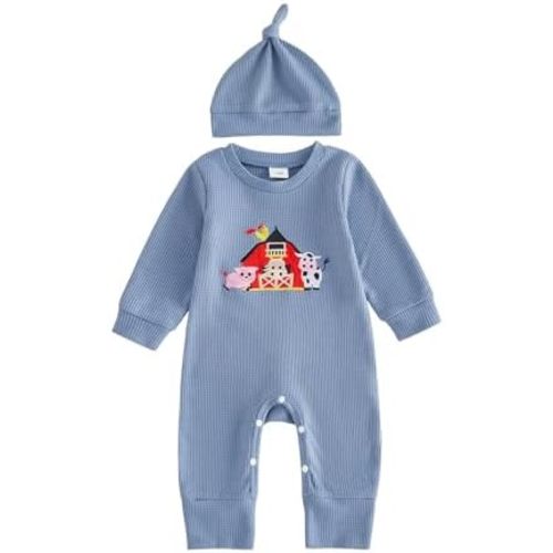 Newborn Baby Boy Fall Clothes Farm Animals Romper Waffle Onesie Hat
