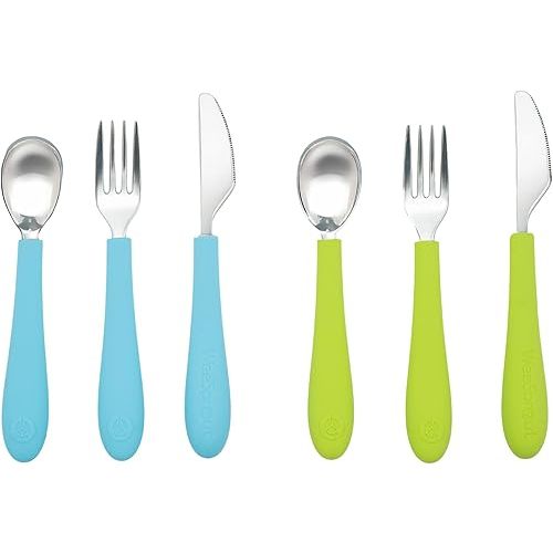Kids Stainless Steel Utensils Set - Premium 18/8 Grade Silverware Kit - 2 Spoons, 2 Forks, and 2 Knives for Ages 4-7 - Silicone Easy-Grip Handles - Children Flatware Cutlery (Bright - Blue, Green)