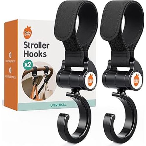 Baby Uma Stroller Hooks (2 Pack) - Open Stroller Hook with 360°-Swivel Neck & Extra Strong Strap, Easy On 'n Off & Universal, 11 lb Weight Capacity, Baby Travel Essential