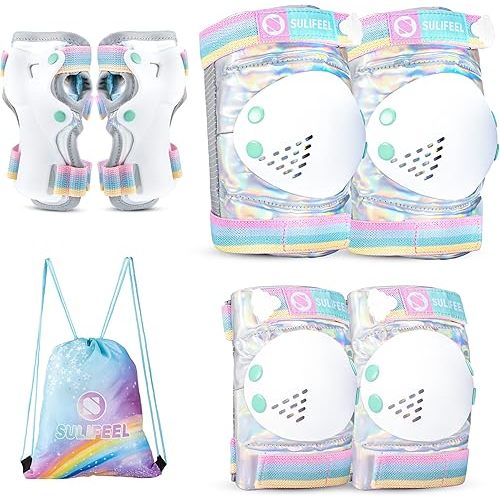 SULIFEEL Rainbow Unicorn Knee Pads for Kids Knee Elbow Pads Wrist Guards with Drawstring Bag Adjustable Protective Gear Set for Girls Roller Skating Bike Cycling Skateboard Scooter Shiny Medium