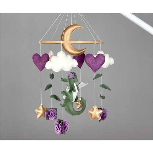 Dragon mobile for girl crib Fantasy nursery decor Green dragon flying  Flower mobile Felt dragon hanging mobile purple Fantasy baby shower