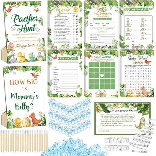 Sherr 424 Pcs Dinosaur Baby Shower Games Supplies, 6 Sets 300 Activities Cards 1 Pacifier Hunt Sign 50 Acrylic Pacifiers 1 How Big Is Mommy's Belly Sign 50 Guessing Card 2 Tapes 20 Pencils