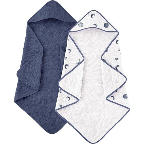Susurration Hooded Baby Towels for Newborn 2 Pack 100% Muslin Cotton Towel for Babies，Highly Absorbent and Newborn Essential 30x30 Inch Moon&Royal Blue