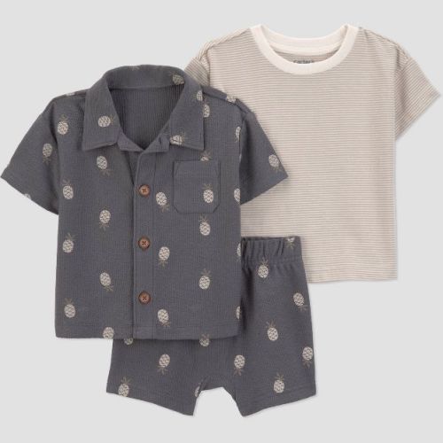 Carter's Just One You® Baby Boys' 3pc Pineapple Button-Down Shirt with T-Shirt and Shorts Set - Gray 3M