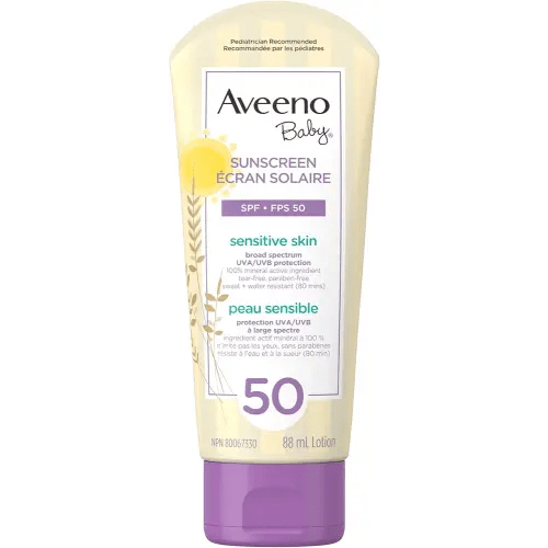 Aveeno Baby Mineral Sunscreen Lotion SPF 50-100% Naturally Sourced Zinc Oxide for Sensitive Skin - Water Resistant - 88 mL