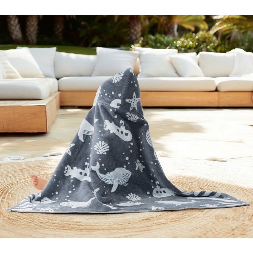 Bubbles Whale Plush Jacquard Baby Beach Hooded Towel UPF 50+
