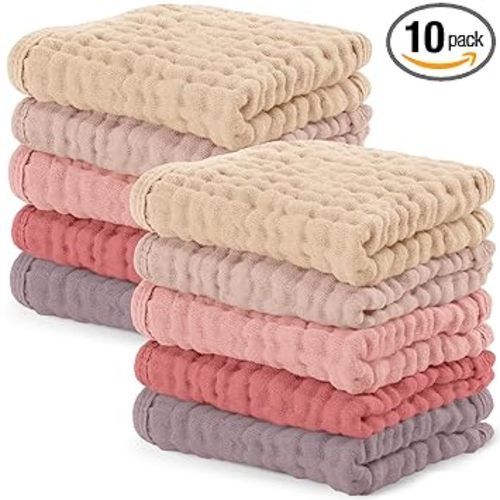 Comfy Cubs Muslin Baby Washcloths 10 Pack - Soft 6-Layer Cotton Wash Cloths for Sensitive Skin - 10"x10" Large, Gentle, Absorbent Infant Essentials for Newborn and Toddlers - Multi Girl