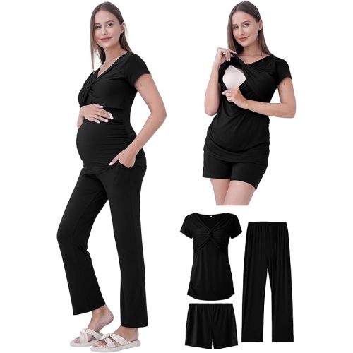 QUNISY Maternity Nursing Pajamas Set 3PCS, Breastfeeding Tops, Adjustable Shorts & Pants, Postpartum Hospital Bag Essentials