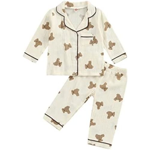 BULINGNA Kids Toddler Girl Boy Two Piece Pajamas Set Button Down Pajama Shirt Top Pants Shorts Bear Sleepwear Pjs Set