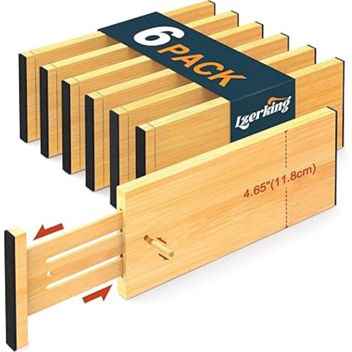 Lzerking Kitchen Drawer Dividers 6 Pack, 4.65" High Adjustable Bamboo Drawer Organizers for Clothes (12-17.5"), Spring Loaded, Expandable Utensil Organizer for Kitchen Storage, Dresser, Bedroom
