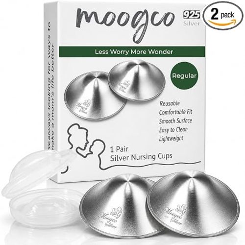 MOOGCO The Original Silver Nursing Cups - Nipple Shields for Breastfeeding Newborn - Breastfeeding Essentials - Solid 925 Sterling Silver Nipple Covers (Regular Size, Set of 2)