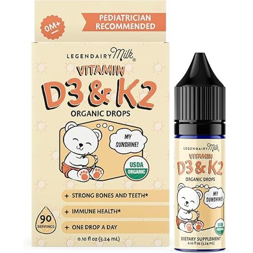 Legendairy Milk Vitamin D Drops for Infants, Organic Baby Vitamin D3 K2 Liquid 400 IU, Vegan for Newborns Toddlers & Kids, Childrens Supplement for Strong Bones & Teeth, Sugar Free, 90 Servings
