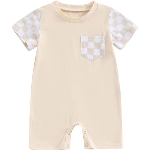 Karuedoo Newborn Baby Boy Girl Clothes Checkered Plaid Romper Jumpsuit Short Sleeve One-Piece Bodysuit Infant Summer Outfit