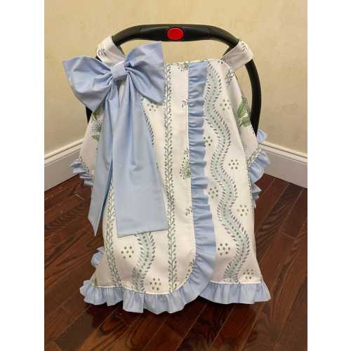 Stripe and Vines Blue and Green Car Seat Canopy with Large Bow and Ruffle, Monogrammed Car Seat Tent, Personalized Baby Shower Gift