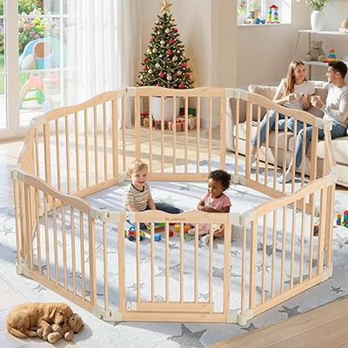 Foldable Wooden Playpen - Adjustable Wood Baby Play Yard with Child-Proof Lock, Indoor Large Safety Fence for Babies and Toddlers - Easy Assembly, 8 Panels, Nature Nest
