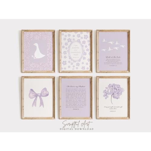 Purple Christian Nursery Decor, Set of 6, Girls Bible Verse Prints, Digital Download