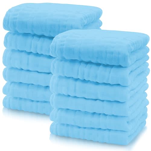 Cute Castle 12 Pack Muslin Baby Washcloths - Large 12'' by 12'' - Ultra Soft 100% Cotton - Super Absorbent Burp Cloths for Unisex, Boy, Girl -Aquamarine