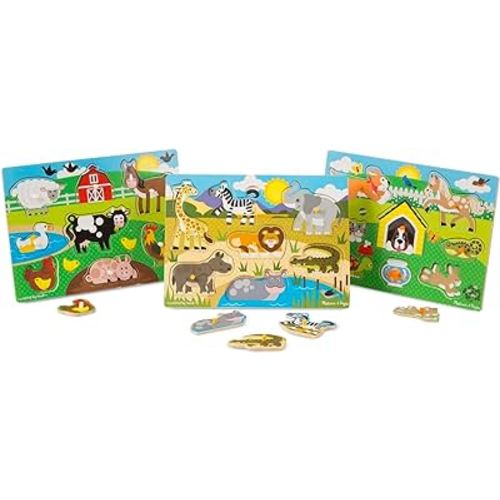 Melissa & Doug World of Animals Wooden Peg Puzzles Set - Pets, Farm, and Safari