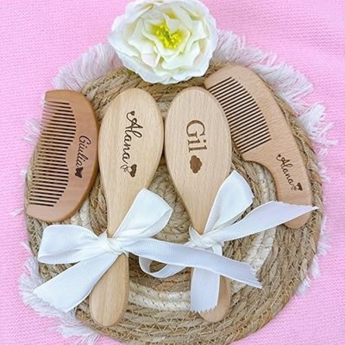 Personalized Custom Baby Brush and Comb Set for Newborn, Wooden Baby Comb, Preventing Cradle Cap, Natural Goat Bristles Brush, Gifts for Baby Shower