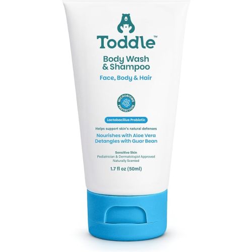 Toddle 3-in-1 Probiotic Baby Shampoo and Body Wash, Plant-Based Kids’ and Toddler Body Wash for Sensitive Skin with Aloe and Lactic Acid, Fragrance-Free, Pediatrician Tested 1.7oz