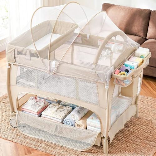 Kinder King Portable Pack and Play, Baby Playard w/Bassinet, Beige | Newborn Changing Table, Large Playpen for Infant and Toddler, Mosquito Net, Hanging Toys, Storage, Travel Bag, 0-36 Months