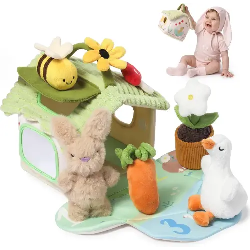 let's make Baby Sensory Toy 6-12 Months, 2-in-1 Cottage Playset with Stuffed Bunny Goose Bee, Crinkle Squeak Rattle Soft Barn, Montessori Toys Travel for Infants Toddlers, Baby Gifts for Boys Girls