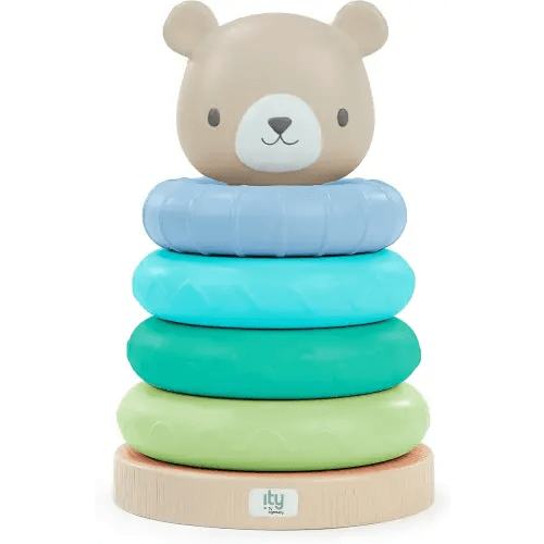 Ingenuity: ity by Ingenuity Cutie Stacks, 4 BPA-Free Rings, Faux Wood Stand, Bear Topper, Unisex, for Ages 6 Months and Up - Nate