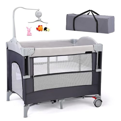 Bonnlo 4 in 1 Pack and Play, Bedside Crib Sleeper with Padded Mat (Gray)