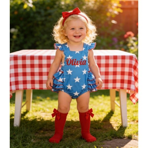 4th of July Romper, Personalized American girl Patriotic Star Outfit