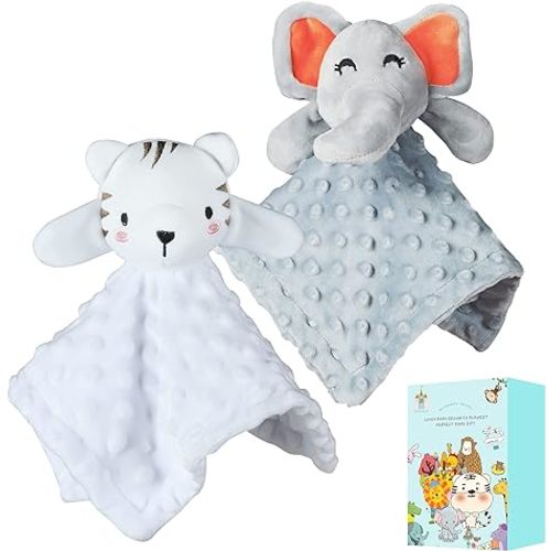 Cute Castle Security Blanket for Babies Gifts - Soft Unisex Newborn Essentials for Boys and Girls - Neutral Baby Stuff Snuggle Toy - Baby Registry Search Shower (Tiger & Grey Elephant)