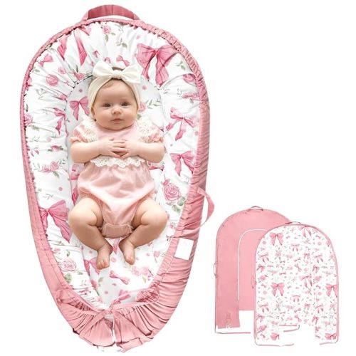 Baby Lounger Cover for Boys Girls, Reversible Baby Nest Cover, Adjustable Baby Lounger Replaceable Cover for Infant Newborn, Portable and Machine Washable, Cotton Pink Rose Cover Only