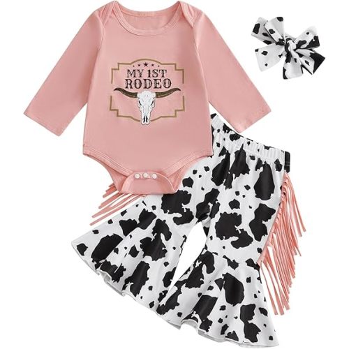 Newborn Infant Baby Girl Western Clothes Cowgirl Boots Ruffle Short Sleeve Romper Bell Bottom Pants Rodeo Outfit