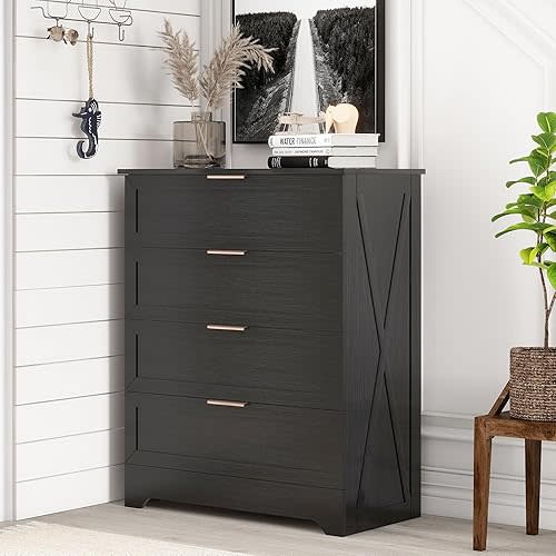 Modern 4 Drawer Dresser for Bedroom, Tall Bedroom Dresser with Large Drawer & Rose Gold Handles, Wooden Storage Organizer Cabinet Chest of Drawer for Closet, Living Room, Hallway, Black