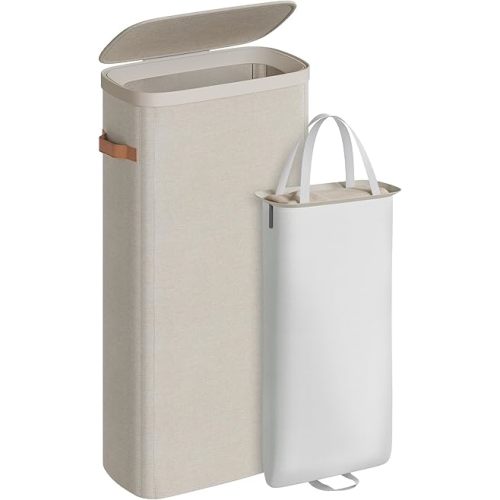 SONGMICS Laundry Basket, 17.2 Gal. Laundry Hamper, Easy Assembly, with Lid and Handles, Removable Liner, 15.4 x 8.7 x 29.5 Inches, Cappuccino Beige ULCB810LH01