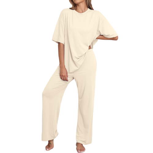 MINTREUS Lounge Sets for Women Knit Short Sleeve Tops and Long Pants Soft Comfy Pajamas Set Oversized 2 Piece Outfits S-2X