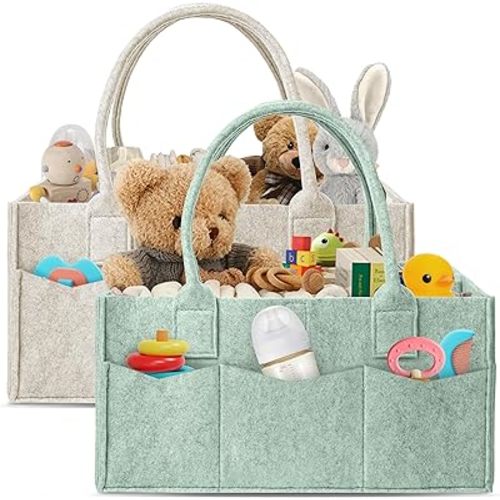 2-Pack Diaper Caddy Organizer - Nursery Storage Bin & Car Organizer for Diapers, Wipes, and Baby Essentials - Dual-Color Solid Set (Green/Oatmeal), Large Size