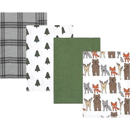 Hudson Baby Unisex Baby Cotton Flannel Burp Cloths 4-Pack, Wild Forest, One Size