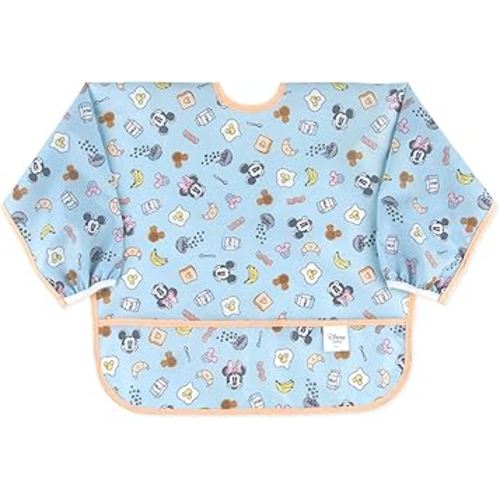 Bumkins Disney Sleeved Bib for Girl or Boy, Baby and Toddler for 6-24 Mos, Essential Must Have for Eating, Feeding, Baby Led Weaning Supplies, Long Sleeve Mess Saving Food Catcher, Mickey and Minnie