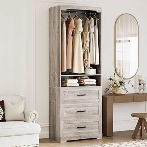 IRONCK Freestanding Closet System with 3 Wood Drawers, Modern Armoire Wardrobe with Adjustable Shelves & Hanging Rod, Walk-in Closet Systems Organizer, Rustic Maple
