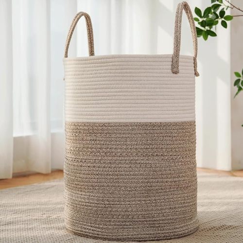 60L Cotton Rope Laundry Basket Hamper, Brown