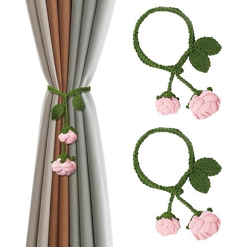 OCIOLI 2 Pack Boho Handmade Flower Curtain Tiebacks & Holdbacks - No Drill Cotton Rope Curtain Ties, Drapery Holdback Decorative Pull Backs for Nursery & Bedroom Decor (2, Pink Roses Flowers)