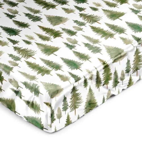 Sweet Jojo Designs Gender Neutral Unisex Satin Fitted Crib Sheet Woodland Pine Tree Green and White