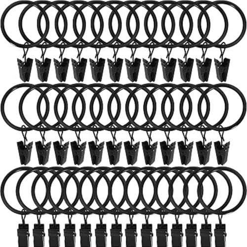 WeeksEight 44 Pack Curtain Rings with Clips, 1 in ID, Black
