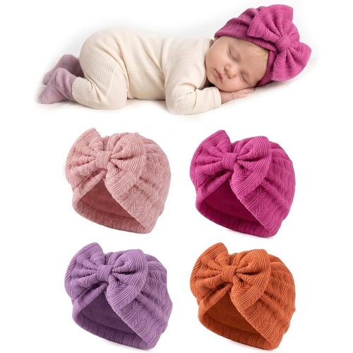 4 Pack Newborn Baby Girl Bow Hats 0-3 Months Preemie Nursery Caps